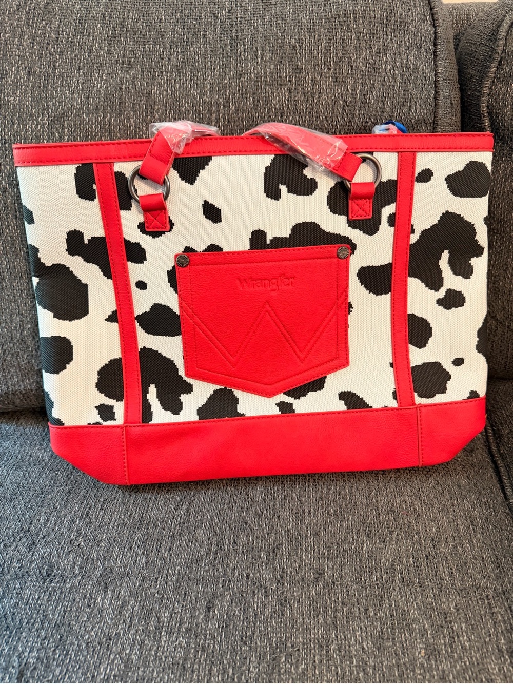 Wrangler White & Black Cow-Print Tote with Red Trim